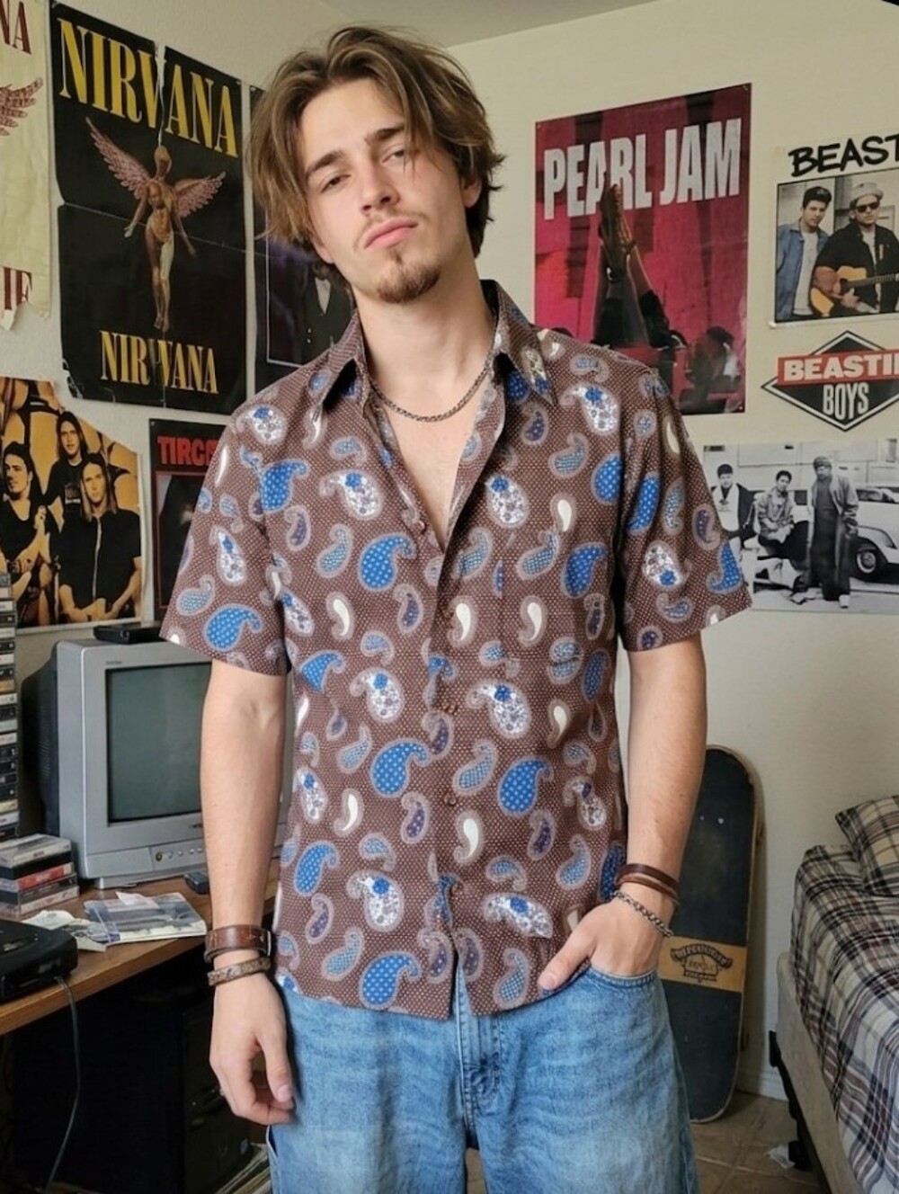 Vtg 90s Brown Paisley Shirt Mens M Tapered JCPenney Short Sleeve